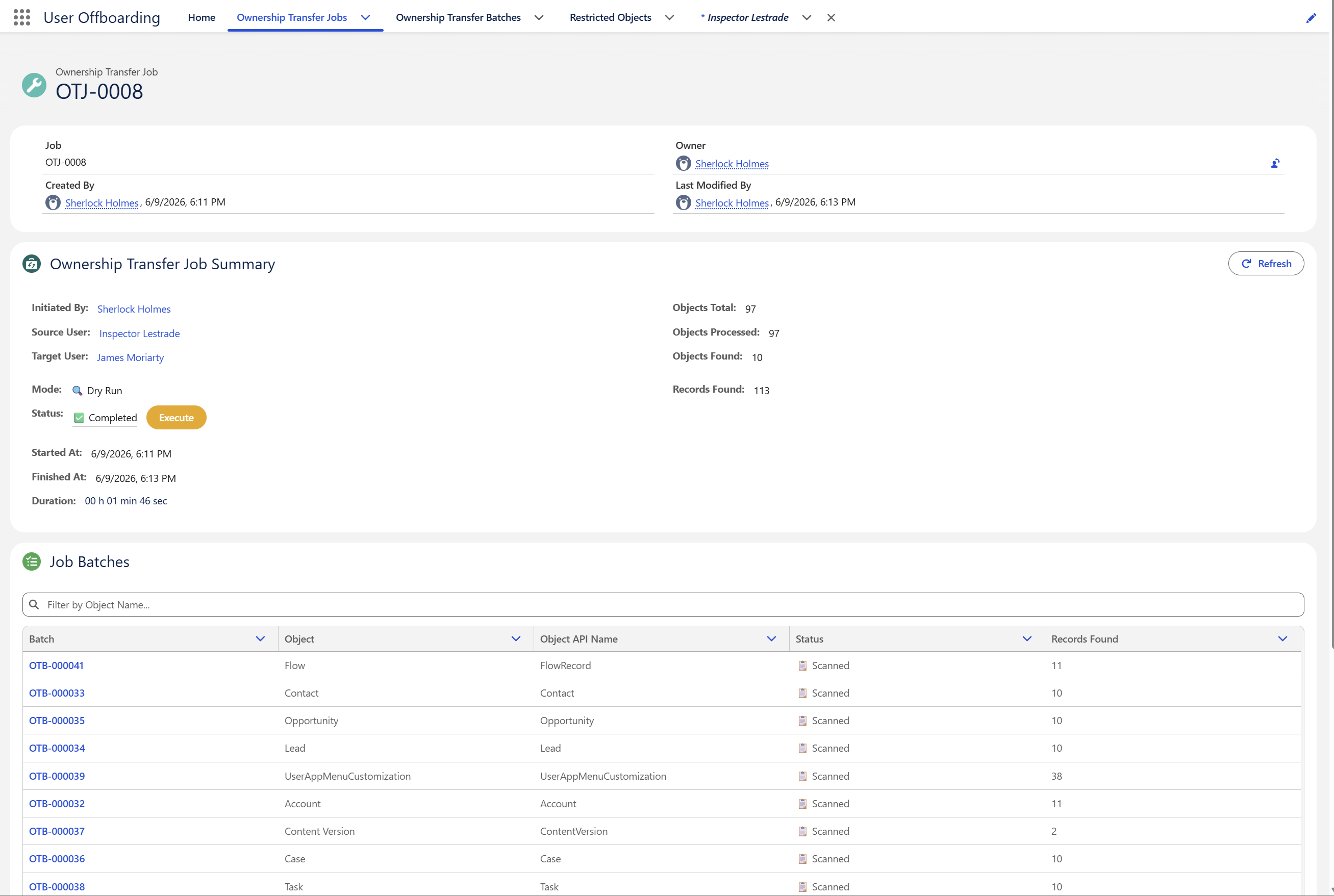 A completed Dry Run job summary showing 97 objects total, 10 objects found, 113 records found, and an Execute button beside the Completed status.