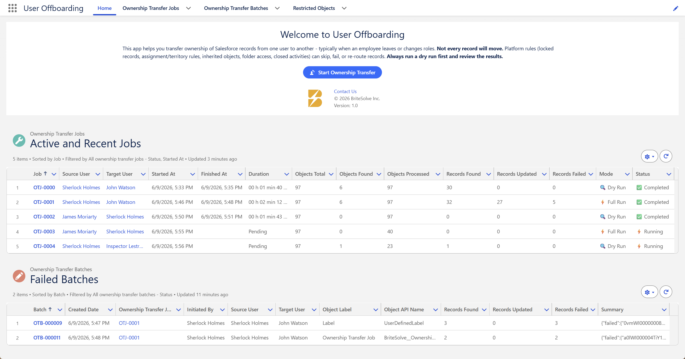 The User Offboarding home tab, with the welcome panel, the Start Ownership Transfer button, and the Active and Recent Jobs list view below it.