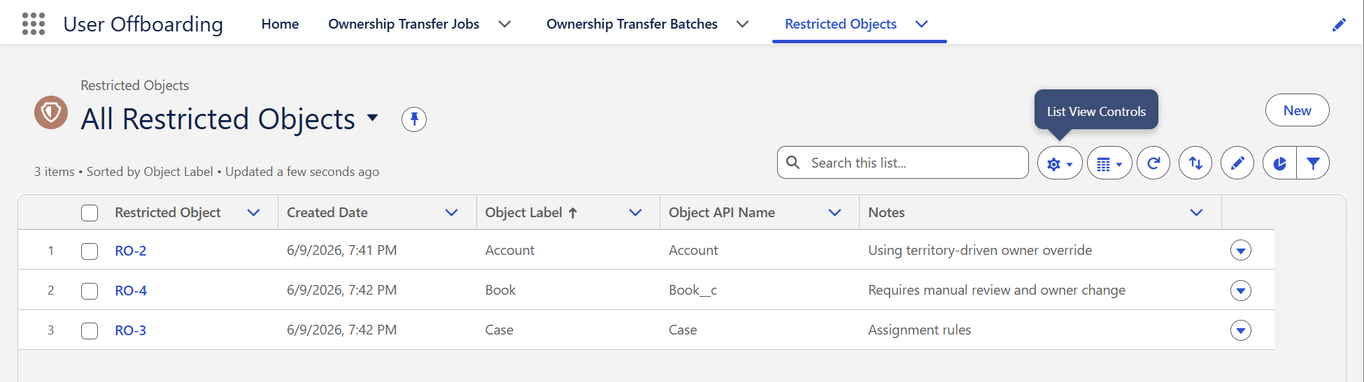 The Restricted Objects list view with three excluded objects: Account, Book, and Case, each with a note explaining the exclusion.